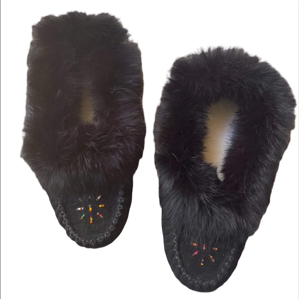 Moccasins Black Real Rabbit Fur & Beads Sherpa inside